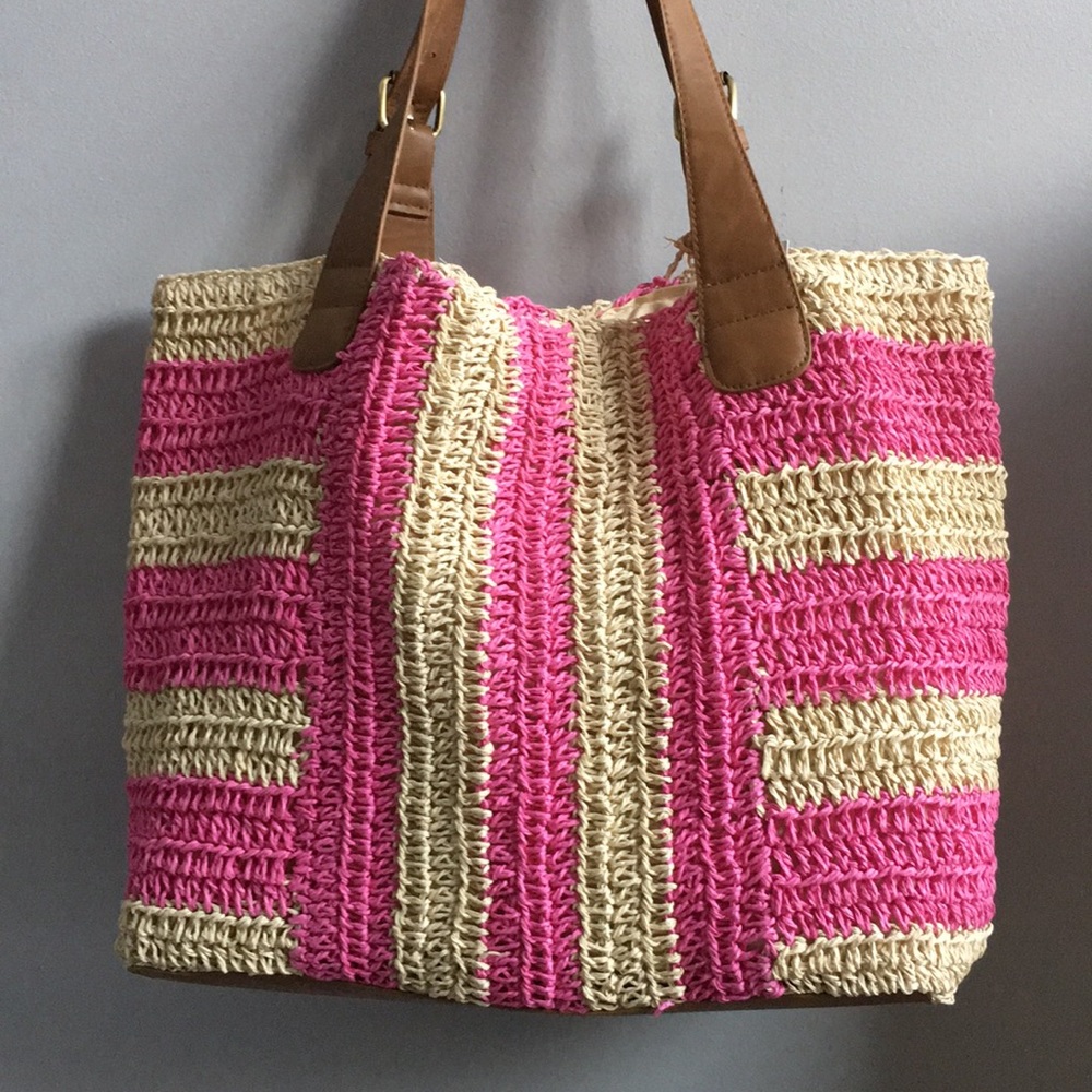 Sonoma Straw Pom-Pom Hobo Bag Pink New - Picture 7 of 7